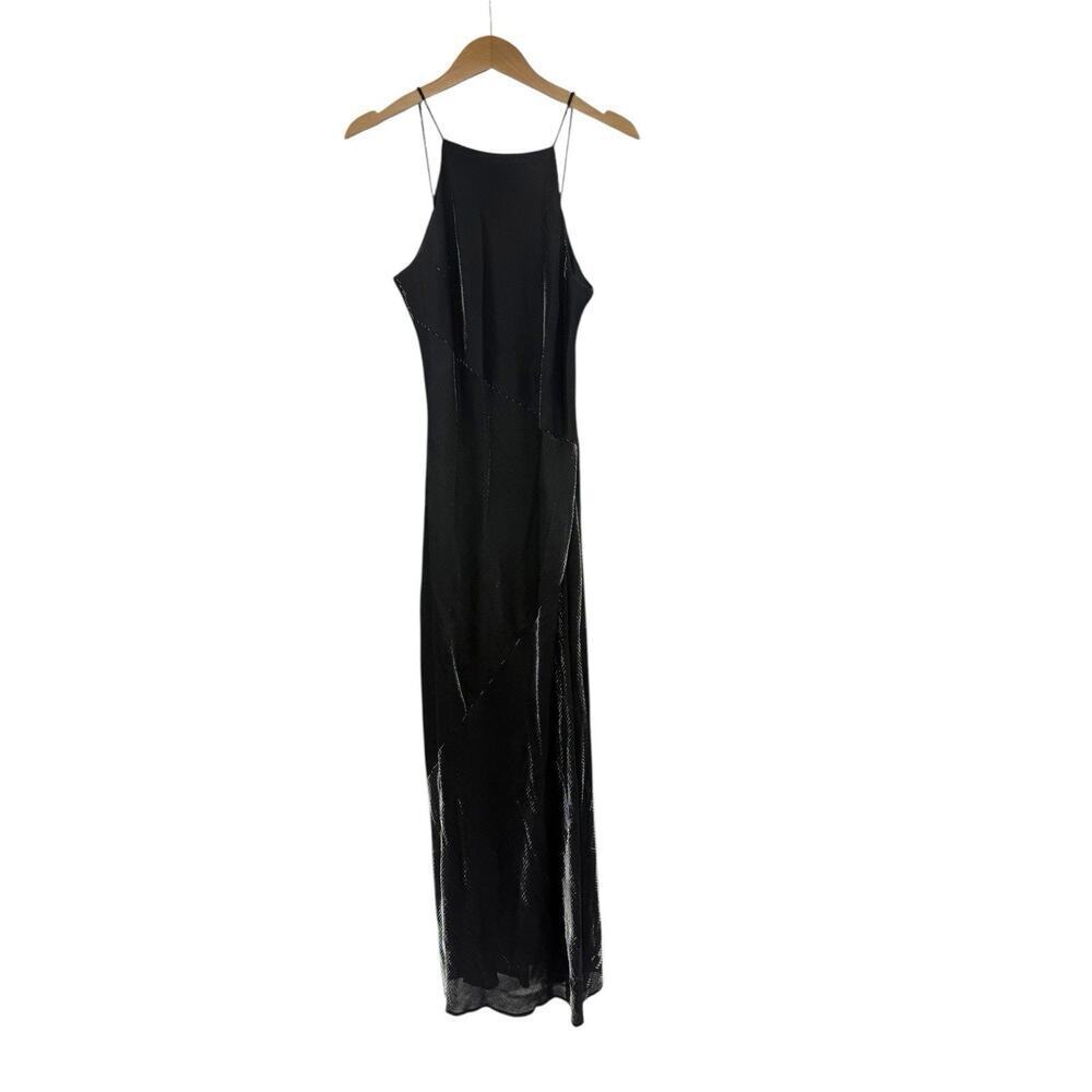 Vintage Y2K Style High Neck Strappy Back Metallic Black‎ Silver Prom Gown 11/12
